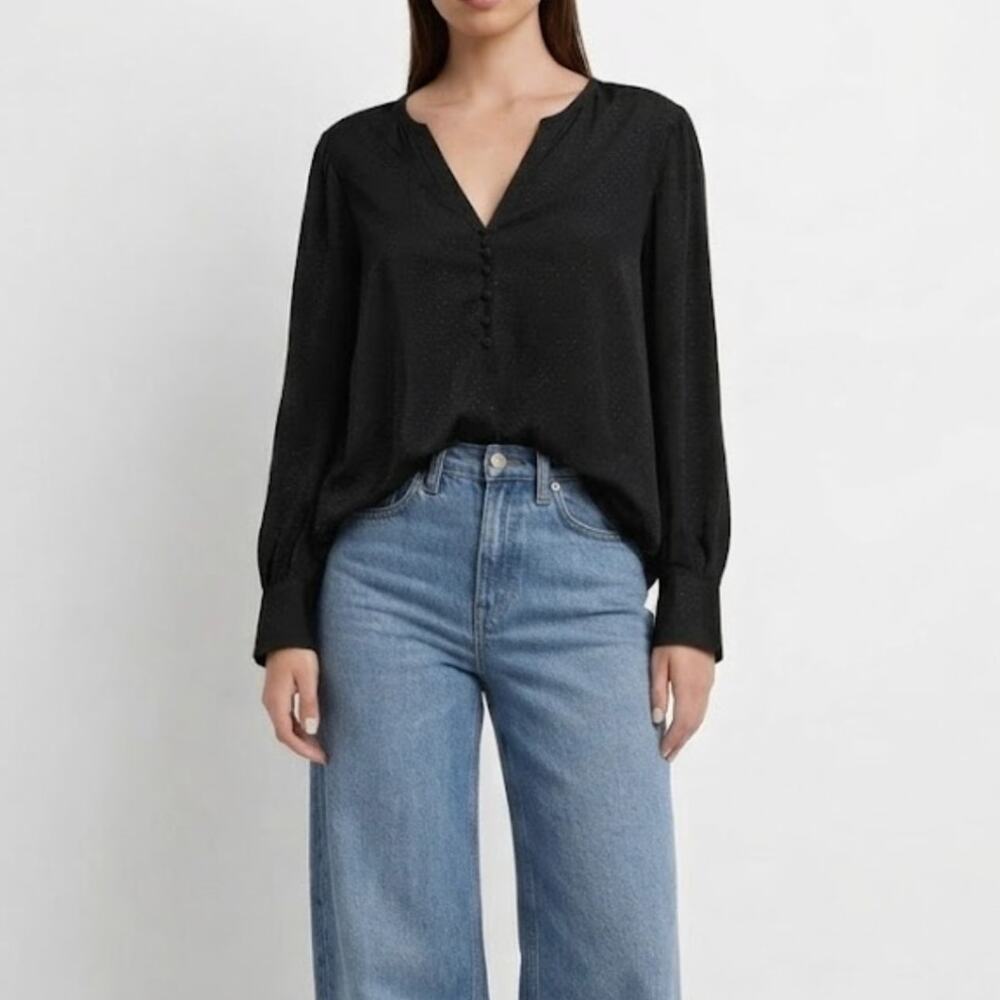 1 State Black V-Neck Button Front Blouse Polka Dot Long Sleeve Casual Top Medium